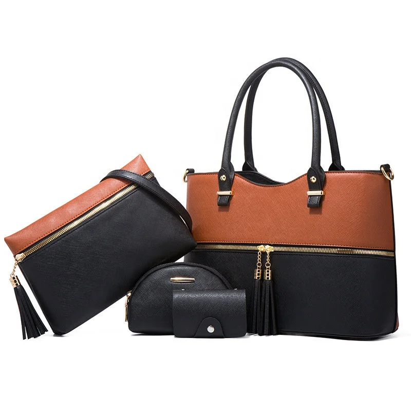 Hot Selling purse tote bag shoulder bag 4 pieces one set retro style pu leather lady handbag set