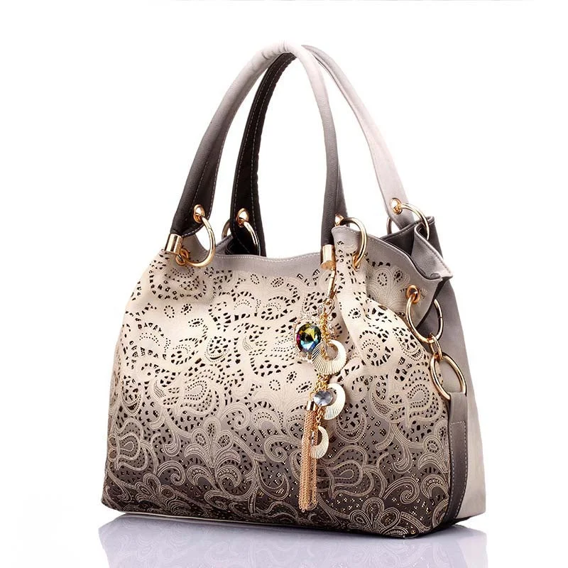 New Women's Vintage Hobo Floral Hollow Out Shoulder Bags Ladies PU Leather Polyester Tote Bag with Tassel