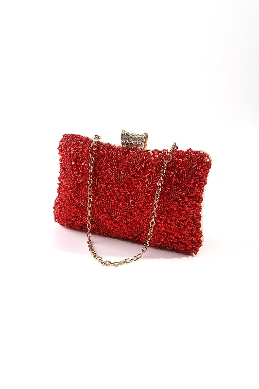 Red Embellished Hard Shell Clutch