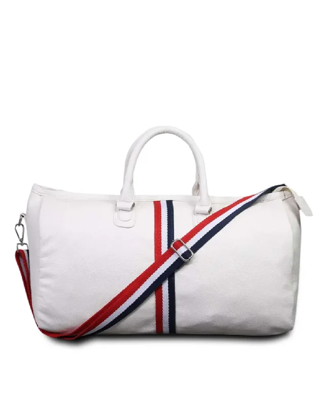 White Duffel / Luggage Bag with Red and Blue Stripes