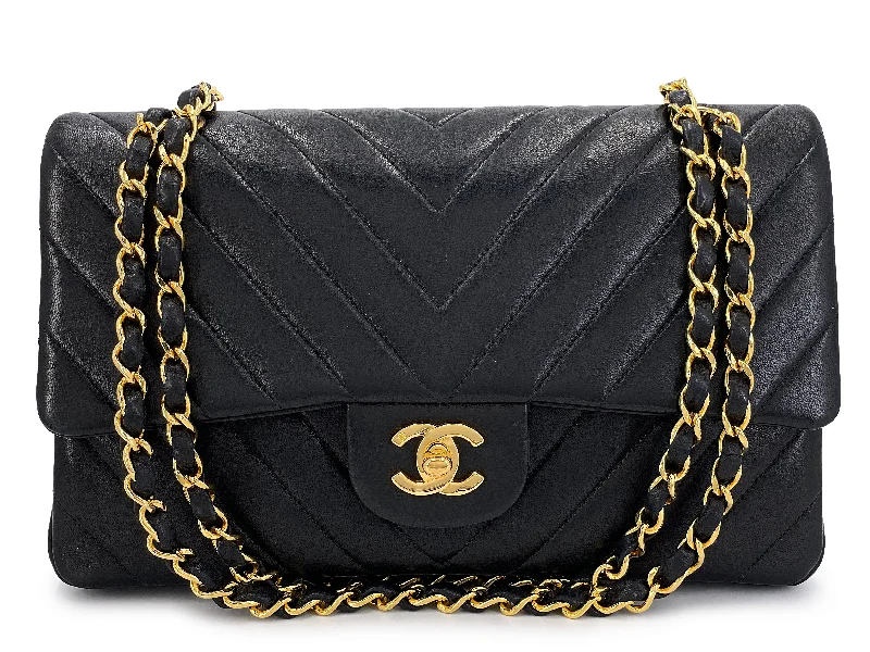 Chanel Vintage Medium Classic Flap Bag Chevron 1991 Black Double 24k GHW M6T