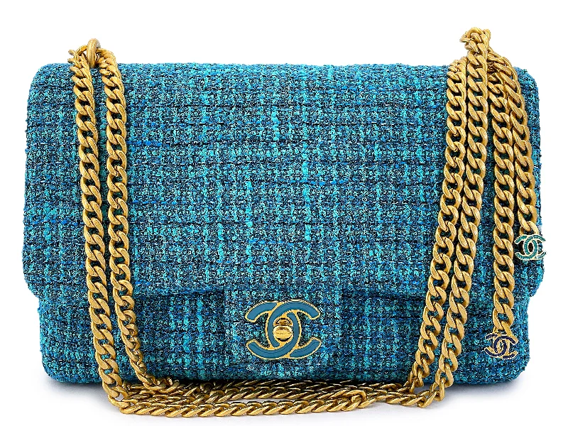 Chanel Rare Teal Blue Tweed Enamel CC Tassel Classic Flap Bag GHW