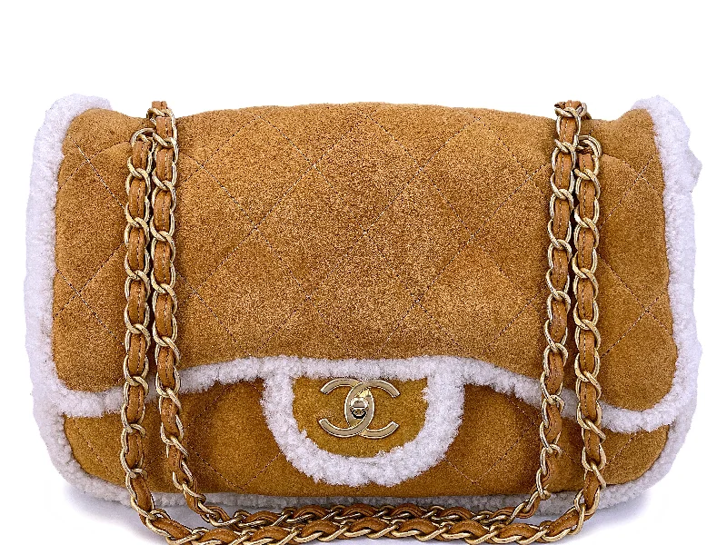 Chanel 2018 Coco Neige Jumbo Camel Caramel Suede Shearling Flap Bag A54