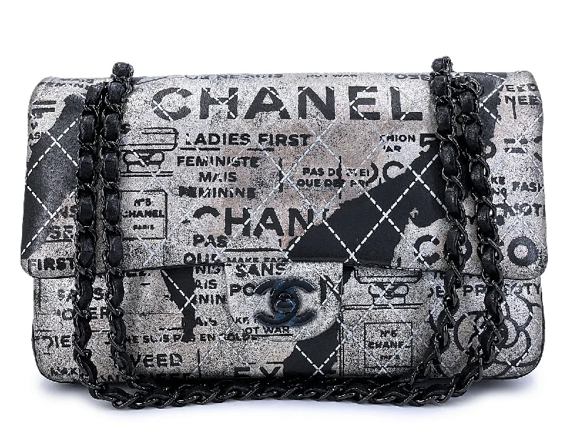 Chanel 2015 Graffiti Newspaper Medium Classic Double Flap Bag So Black XW0