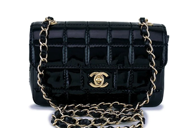 Chanel Black Patent Quilted Extra Mini Flap Bag 18k gold plated