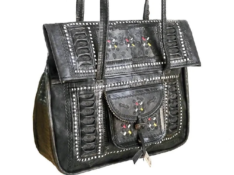 Leather Tote Bag - Chkara - Embroidered - Black