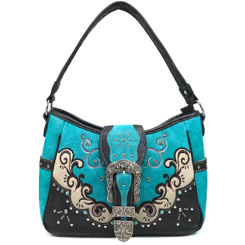 Mustang Buckle Floral Embroidery Hobo Bag