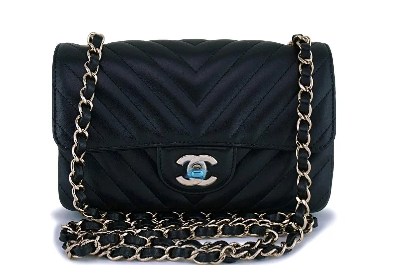 NIB 19C Chanel Black Lambskin Chevron Rectangular Classic Mini Flap Bag GHW