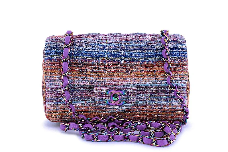 NIB 20C Chanel Purple Tweed Rectangular Classic Mini Flap Bag Rainbow Iridescent HW