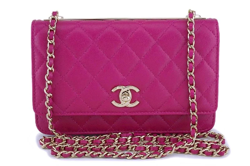 NIB Chanel Fuchsia Pink Classic Trendy CC Wallet on Chain WOC Mini Flap Bag GHW