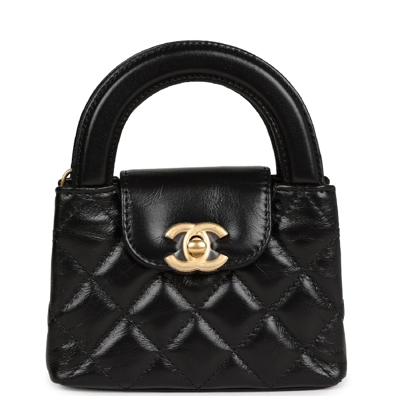 Chanel Nano Kelly Shopper Black Shiny Aged Calfskin Brushed Gold Hardware