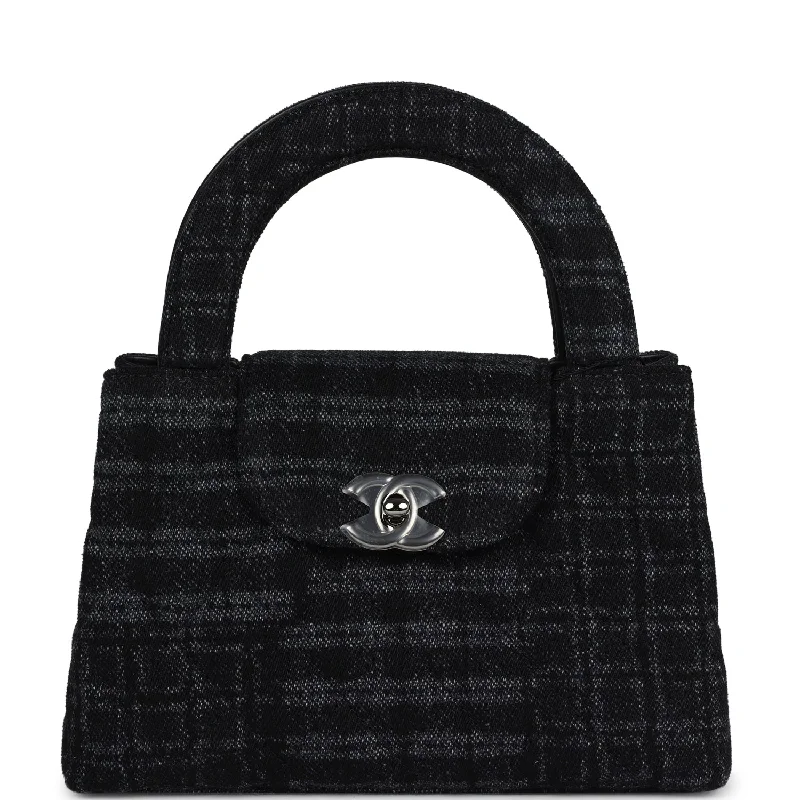 Chanel Small Kelly Shopper Dark Grey and Black Plaid Canvas Ruthenium Hardware