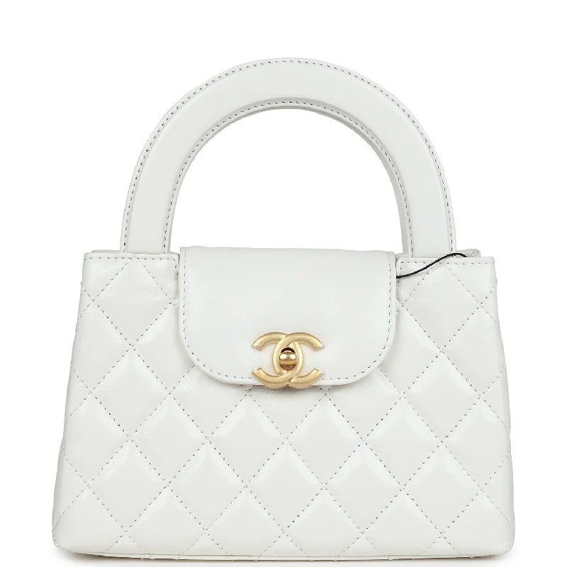 Chanel Small Kelly Shopper White Shiny Aged Calfskin Brushed Gold Hardware