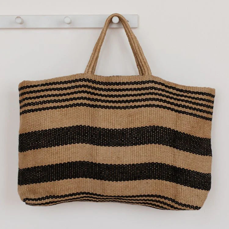 Jute Tote Market Shopper | Charcoal Wide Stripe